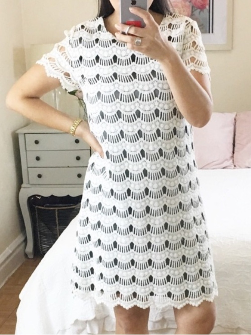 Kate Spade Virginia Ivory Lace Shift White Mini Dress Scalloped Short Sleeve 8